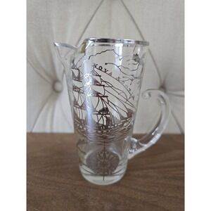 Vintage Nautical Glass Creamer Pitcher Silver Sailing Ship Nova Scotia